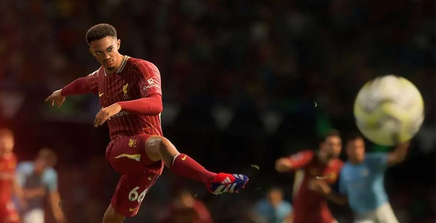 Image du jeu EA Sports FC 25 montrant un joueur avec un maillot rouge frappant le ballon en plein match.