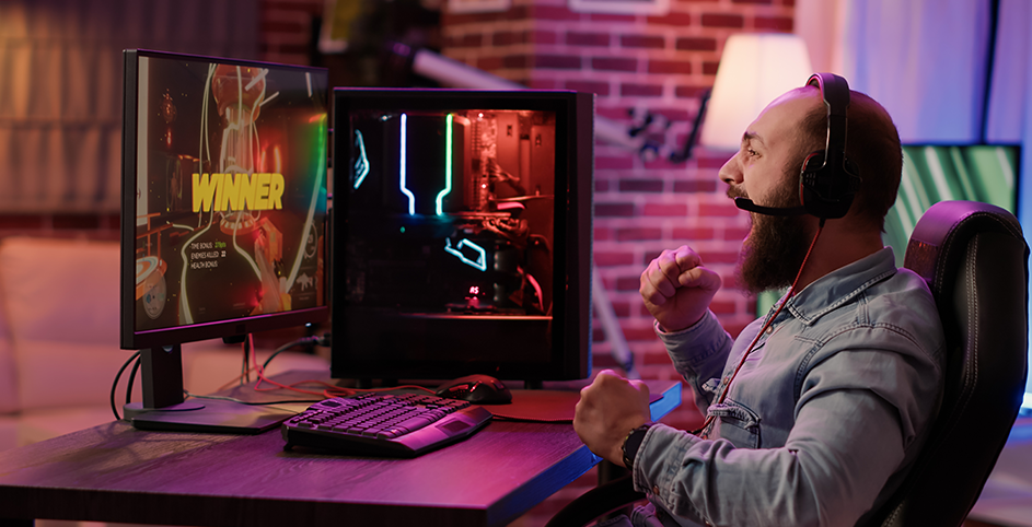 Un joueur portant un casque célèbre sa victoire devant son écran et son ordinateur gaming.