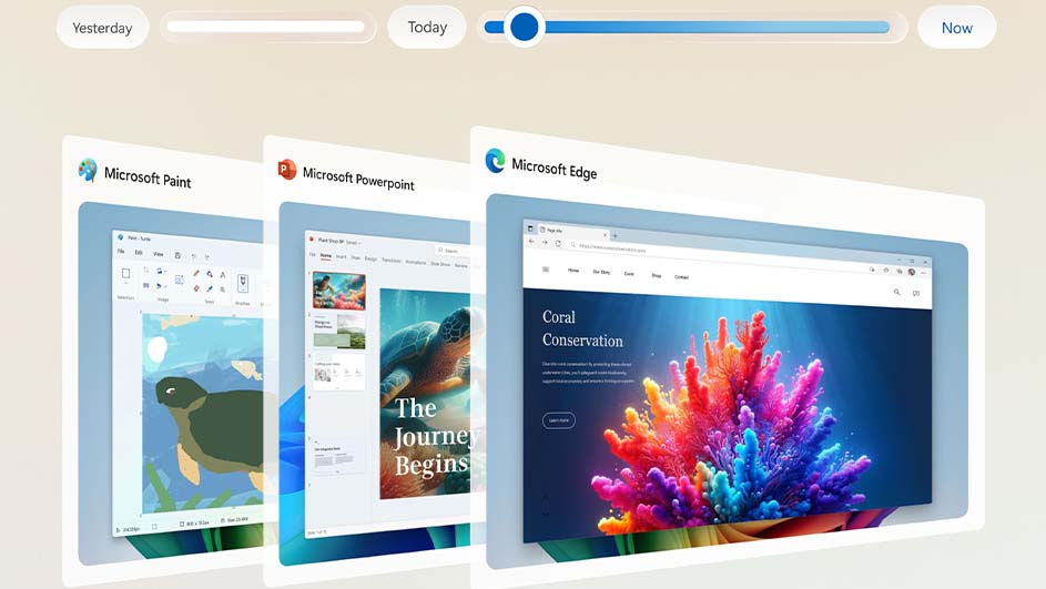 L'interface "souvenirs" de Windows 11 affiche des instantanés de Microsoft Paint, PowerPoint et Edge sur une ligne temporelle.