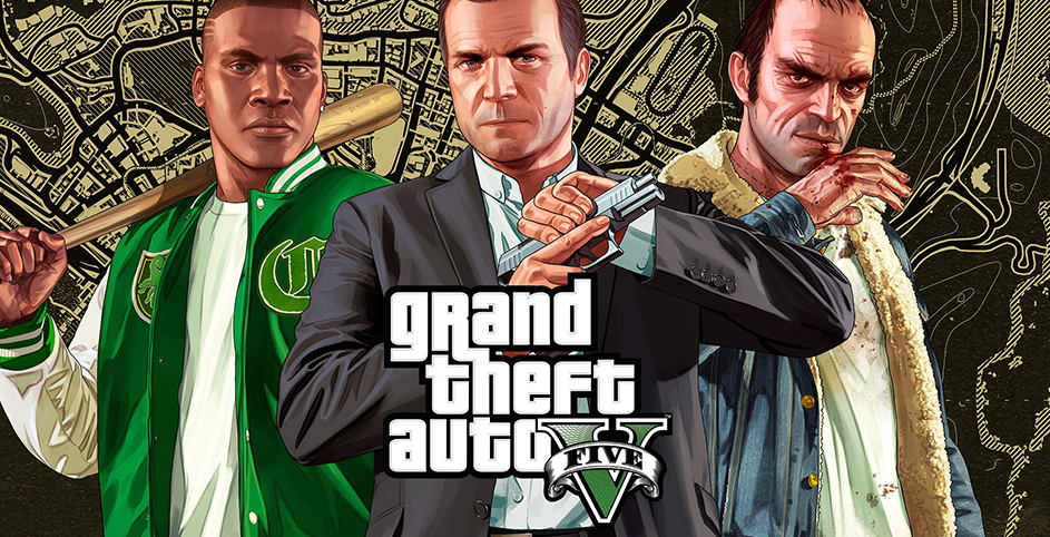 Franklin, Michael et Trévor, les trois héros de Grand Theft Auto V, devant une carte de Los Santos, la ville du jeu.