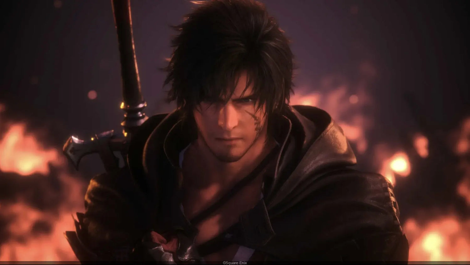 Clive Rosfield, héros de Final Fantasy XVI, devant un brasier.