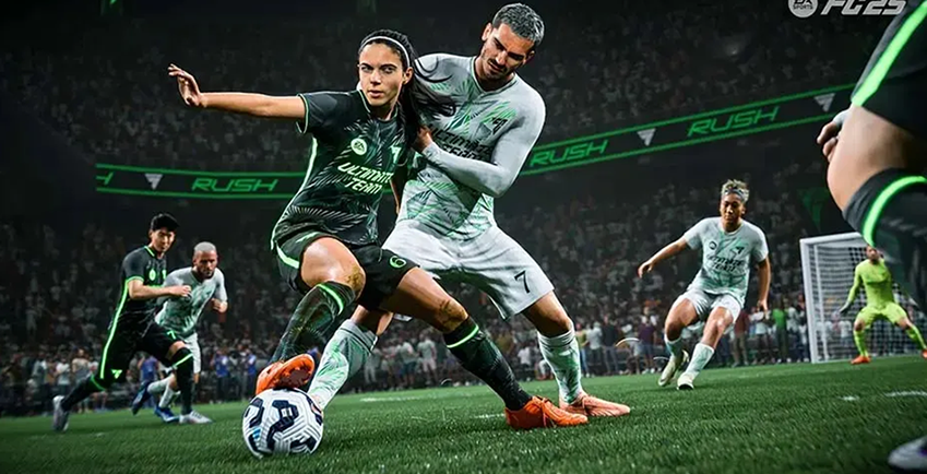 Image du jeu EA Sports FC 25 montrant un duel entre un joueur et une joueuse, ballon au pied, dans un stade rempli.