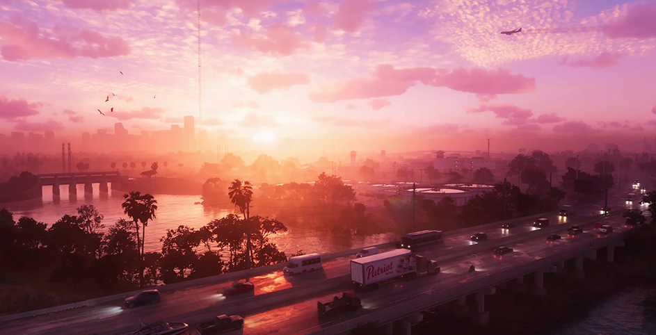 Une autoroute au trafic dense traverse Vice City au coucher de soleil dans une scène de GTA 6.