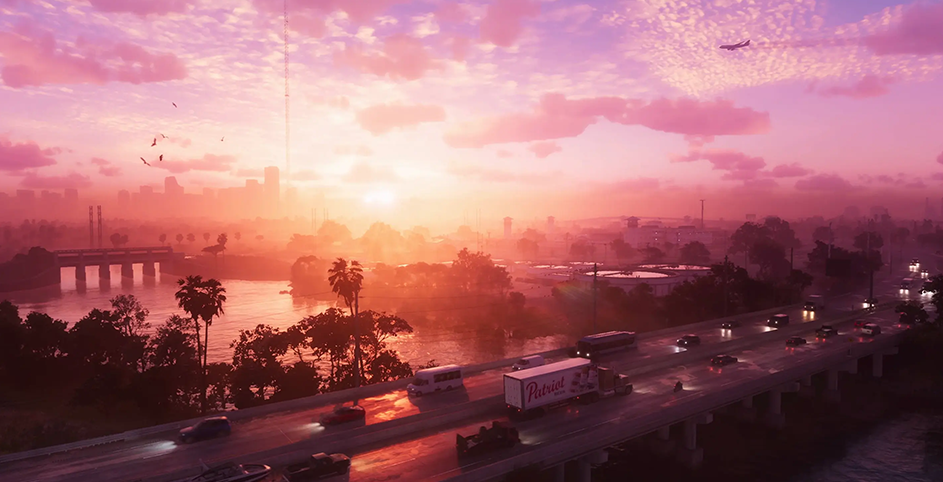 Capture d'écran du trailer de GTA 6, montrant un une autoroute de vice city au coucher du soleil.