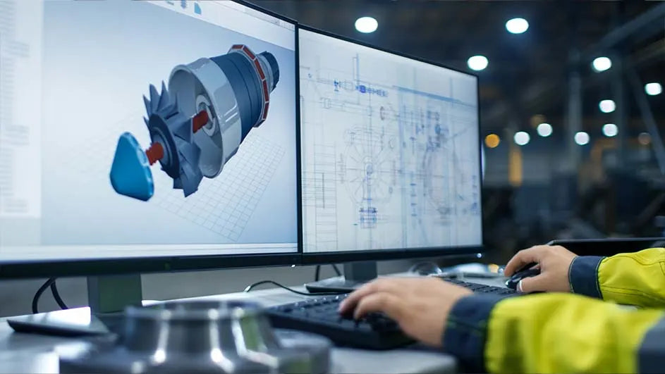 Une personne travaille sur deux écrans d'ordinateur affichant des plans techniques.
