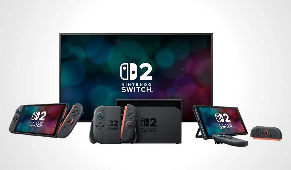 Plusieurs Nintendo Switch 2 posés devant un écran qui affiche le logo Nintendo Switch 2.