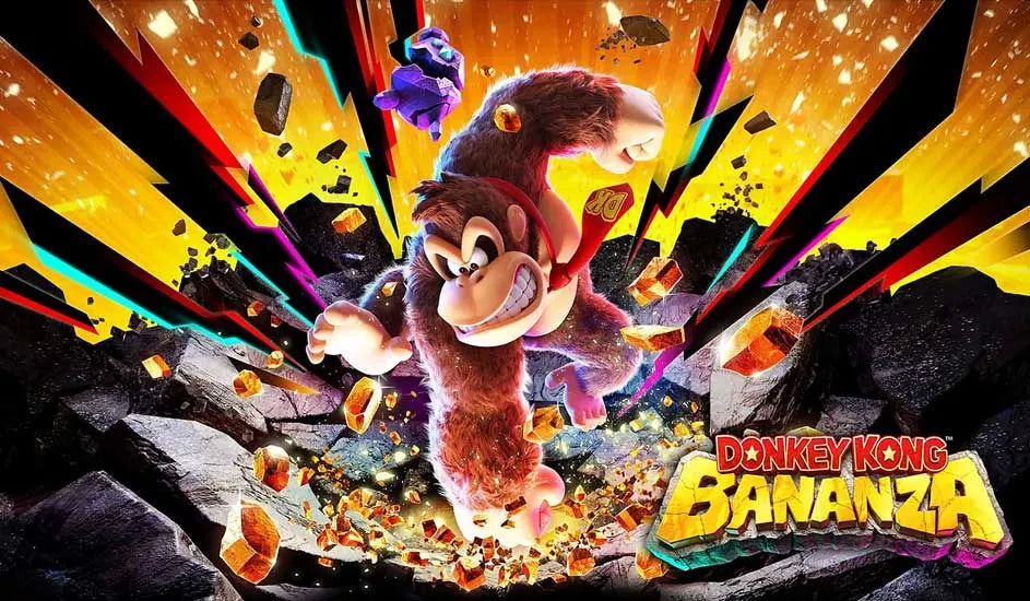 Image promotionnelle du jeu Donkey Koong Bananza avec Donkey Kong détruisant un sol de roche avec son poing.