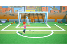 Charger l'image dans la galerie, Scène de football de dessin animé. Une fille frappe le ballon vers le but. L'autre fille est la gardienne.
