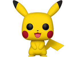 Figurine Pikachu jaune avec yeux noirs, joues rouges et visage souriant. Une queue jaune est visible.