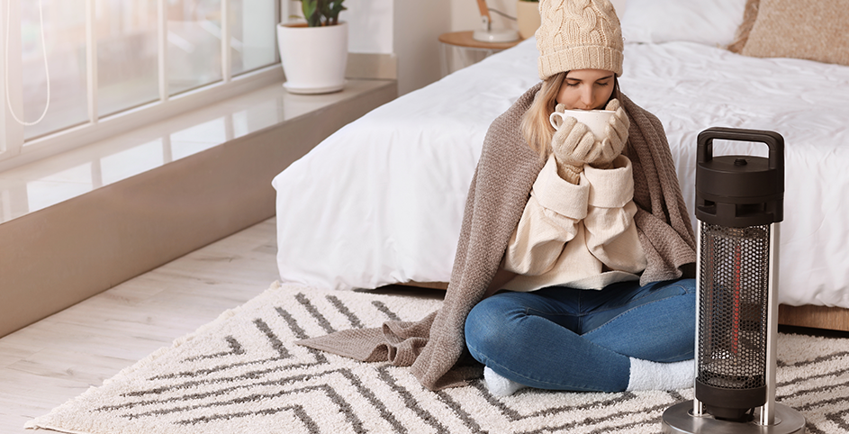 Une jeune femme en bonnet et couverture dans une chambre qui se réchauffe avec un radiateur électrique et une tasse d'eau chaude dans la main.