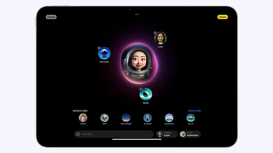 Un IPad affiche la création d'une image personnalisée représentant une femme astronaute.