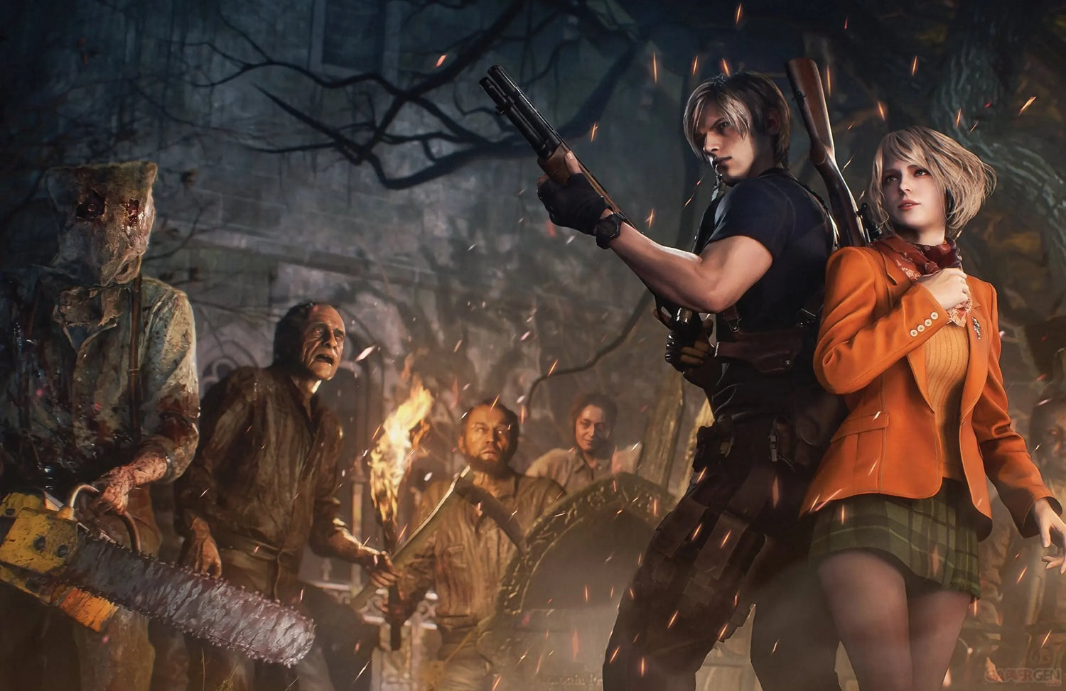 Leon S. Kennedy et Ashley Graham affrontent des ennemis dans Resident Evil 4 Remake.