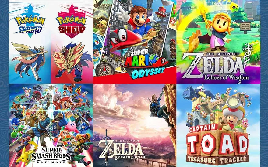 Montage de plusieurs jeux Nintendo Switch avec Zelda, Mario, Pokemon et Captain Toad.