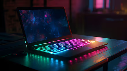 Un ordinateur portable gaming avec un clavier rétroéclairé multicolore est posé sur une table.
