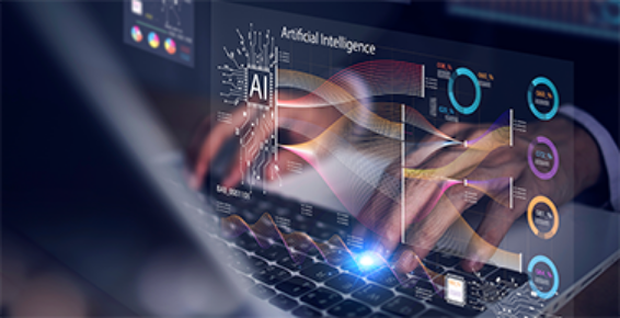 Une interface d'intelligence artificielle affichée en surimpression d'une personne utilisant un ordinateur portable.