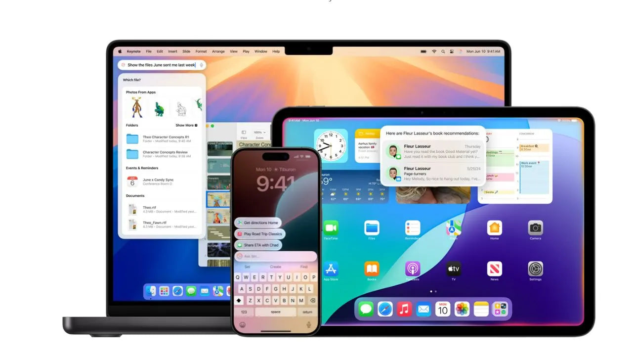 Un MacBook, un iPhone et un iPad affichent les différentes options d'Apple Intelligence.