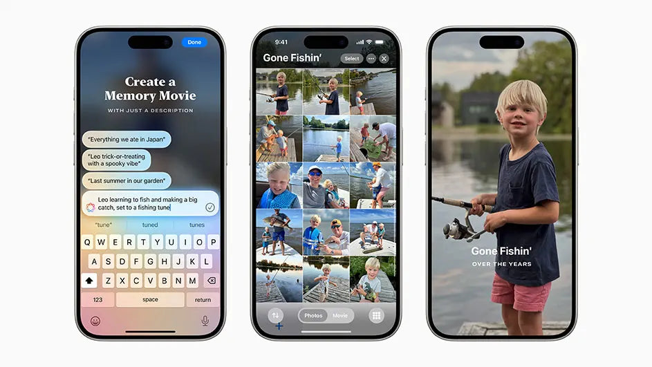 Trois iPhone montrent la création d'un film  souvenir sur les vacances d'un enfant.