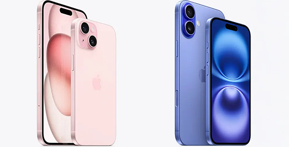 iPhone 15 rose et iPhone 16 bleu vus de face et de dos.