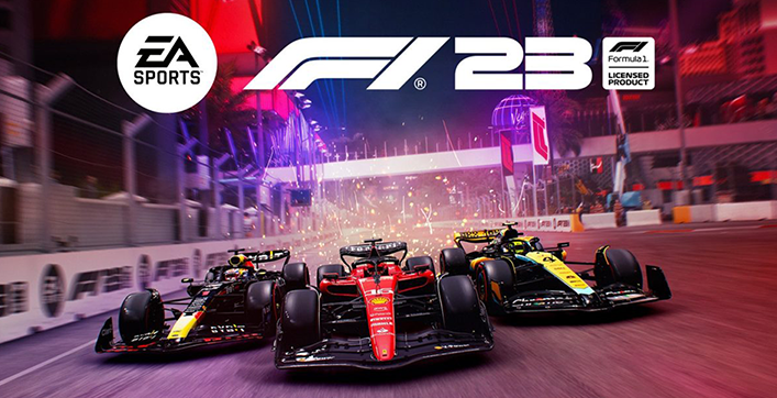 Dans EA Sports F1 23, trois voitures de Formule 1, s'affrontent en direction de la ligne d'arrivée.