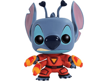 Charger l&#39;image dans la galerie, Figurine Stitch Funko Pop en combinaison spatiale rouge tenant des blasters jaunes, avec une expression sérieuse.
