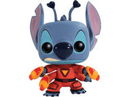 Figurine Stitch Funko Pop en combinaison spatiale rouge tenant des blasters jaunes, avec une expression sérieuse.