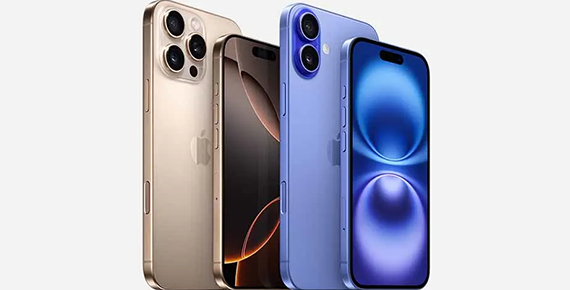 iPhone 16 Pro sable et iPhone 16 bleu vus de face et de dos.