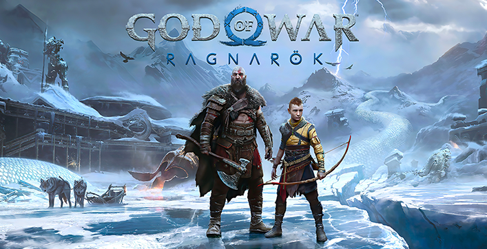 Dans God of War Ragnarök, Kratos et Atreus se tiennent au coeur d'un paysage enneigé.