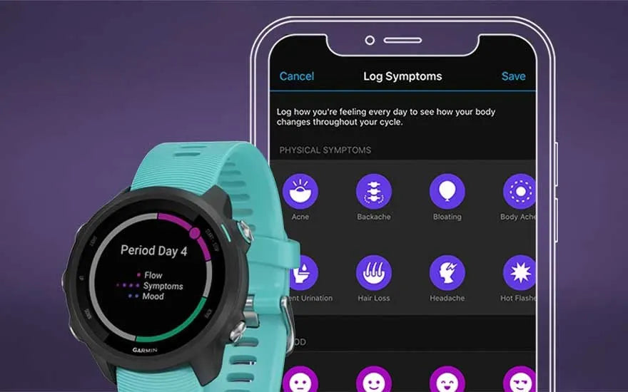 Une montre Garmon affiche le suivi des cycles menstruels complété par les détails de l'application smartphone.