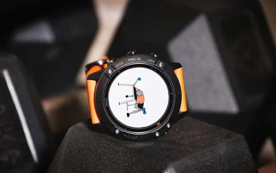 Une montre connectée affiche une animation guidant un exercice de musculation.