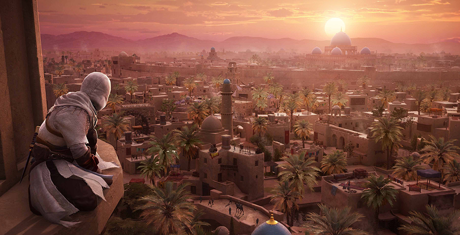 Dans Assassin's Creed Mirage, un assassin contemple Bagdad depuis un toit au coucher du soleil.