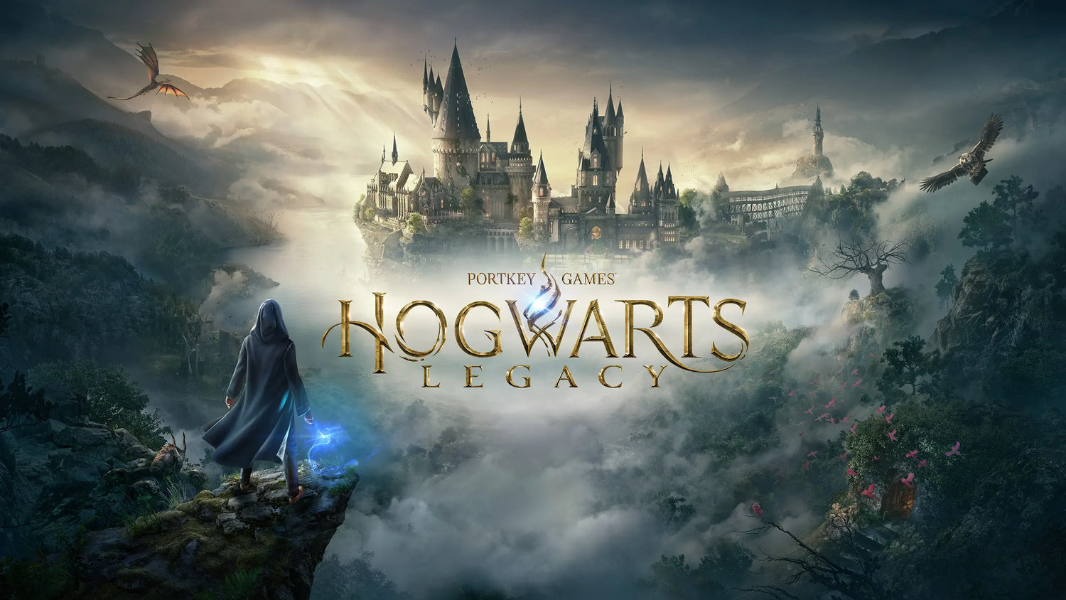 Un sorcier contemple le château de Poudlard entouré de brume dans Hogwarts Legacy.