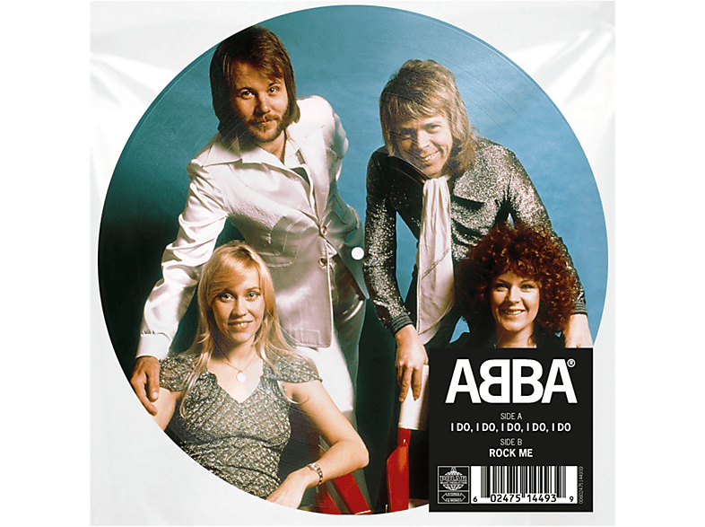 Pochette de l'album ABBA. Quatre membres du groupe sur un disque bleu. Texte et logo en bas.