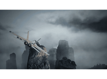 Charger l&#39;image dans la galerie, Un jet futuriste volant au-dessus d&#39;un paysage montagneux avec un ciel nuageux.
