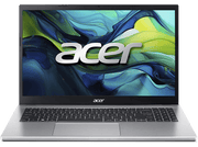 Ordinateur portable Acer argenté sur fond noir. Le logo Acer est affiché sur l'écran.