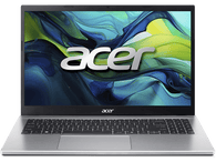 Ordinateur portable Acer argenté sur fond noir. Le logo Acer est affiché sur l'écran.