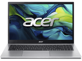 Ordinateur portable Acer argenté sur fond noir. Le logo Acer est affiché sur l