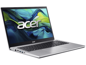 Ordinateur portable Acer argenté sur fond blanc. Le logo Acer est affiché sur l'écran.