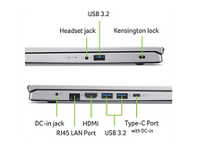 Charger l&#39;image dans la galerie, Gros plan montrant les ports d&#39;un ordinateur portable : USB, HDMI et autres, avec étiquettes, sur fond blanc.
