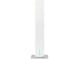 Un appareil blanc, vue latérale, sur une base argentée, lumière bleue en bas.