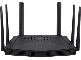 Routeur ASUS noir avec six antennes. Lumière bleue au centre.