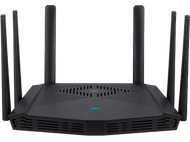 Routeur ASUS noir avec six antennes. Lumière bleue au centre.