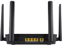 Charger l&#39;image dans la galerie, Un routeur noir avec antennes, affichant ports et connexions, isolé sur fond blanc.
