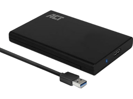 Disque dur externe noir avec un câble USB attaché. La marque ACT est imprimée.