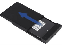 Charger l&#39;image dans la galerie, Boîtier noir avec un appareil argenté partiellement inséré. Une flèche bleue indique la direction d&#39;insertion.
