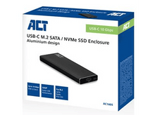 Charger l&#39;image dans la galerie, Une boîte ACT noire avec un SSD noir à l&#39;intérieur, et du texte sur USB-C et M.2 SATA/NVMe.
