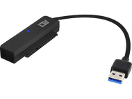 Un adaptateur ACT SATA vers USB noir avec une lumière bleue, connecté à un câble USB.