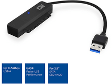 Charger l&#39;image dans la galerie, Adaptateur USB vers SATA noir avec connecteur USB-A. Texte : &#39;Jusqu&#39;à 5 Gbit/s&#39;, &#39;UASP&#39; et &#39;Pour SATA 2,5&quot;&#39;.
