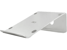 Charger l&#39;image dans la galerie, Un support pour ordinateur portable argenté avec une surface inclinée et un trou pour les câbles, avec des pieds en caoutchouc gris.
