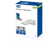 Charger l&#39;image dans la galerie, Boîte pour un support d&#39;ordinateur portable en aluminium. Elle montre le support, un ordinateur portable et ses caractéristiques. Couleurs bleu et blanc.
