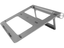 Charger l&#39;image dans la galerie, Support d&#39;ordinateur portable gris avec deux plateformes blanches, design angulaire et accents noirs.
